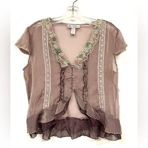 Fairycore lace sheer silk blouse Medium lilac ruffles cap sleeve Cottagecore